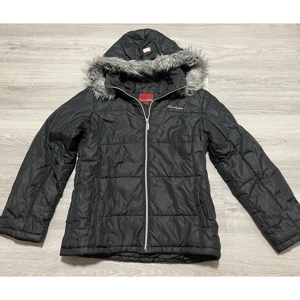 SouthPole Vintage Junior Puffer Jacket‎ Hooded Faux Fur Trim Black XL